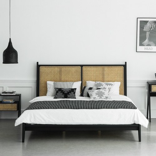 BohoBoho Noir Solid Wood Rattan Bed Frame Black Queen